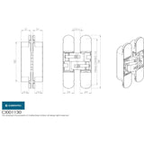 This image is a line drwaing of a Eurospec - 100mm Ceam 3D Concealed Hinge 1130 - Brass Plated available to order from T.H Wiggans Architectural Ironmongery in Kendal