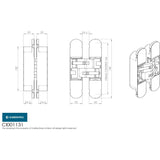 This image is a line drwaing of a Eurospec - 100mm Ceam 3D Concealed Hinge 1131 - Matt Black Varnish available to order from T.H Wiggans Architectural Ironmongery in Kendal