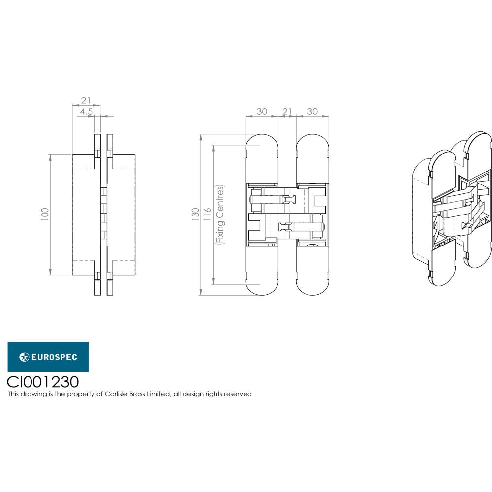 This image is a line drwaing of a Eurospec - 100mm Ceam 3D Concealed Hinge 1230 - Polished Nickel available to order from T.H Wiggans Architectural Ironmongery in Kendal