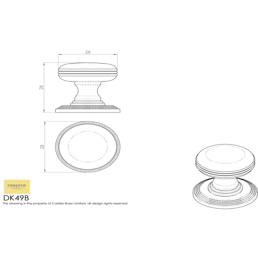 This image is a line drwaing of a Delamain - Ringed Knob 28mm - Polished Chrome available to order from Trade Door Handles in Kendal