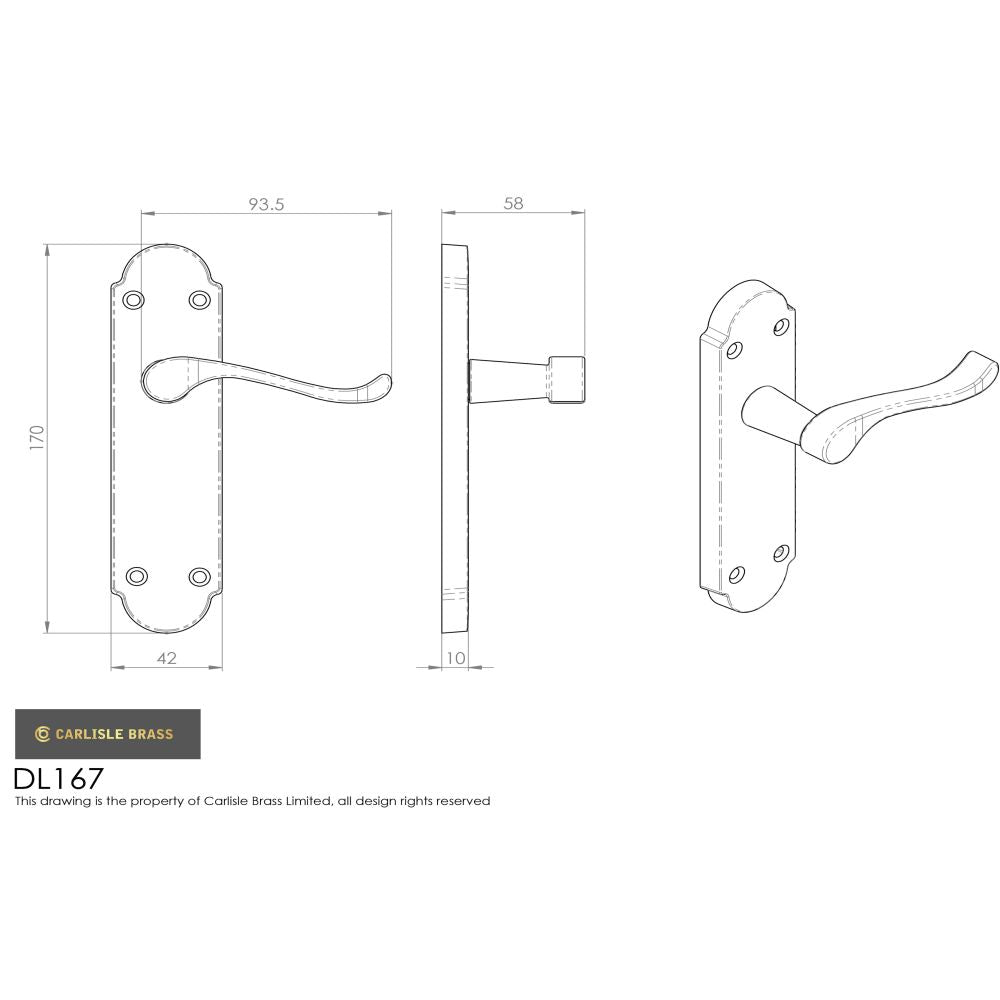 This image is a line drwaing of a Carlisle Brass - Oakley Lever on Latch Backplate - Polished Brass available to order from Trade Door Handles in Kendal