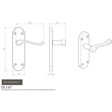 This image is a line drwaing of a Carlisle Brass - Oakley Lever on Latch Backplate - Polished Chrome available to order from Trade Door Handles in Kendal