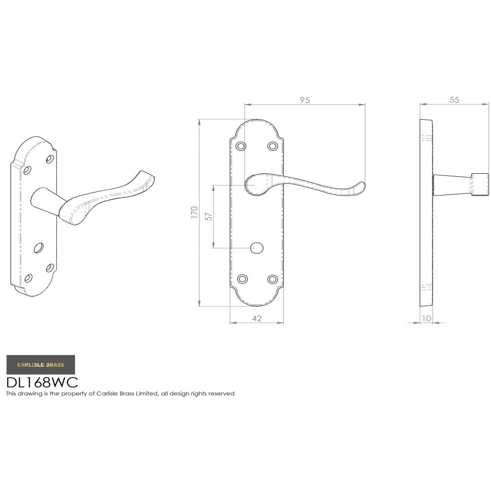 This image is a line drwaing of a Carlisle Brass - Oakley Lever on WC Backplate - Satin Chrome available to order from Trade Door Handles in Kendal