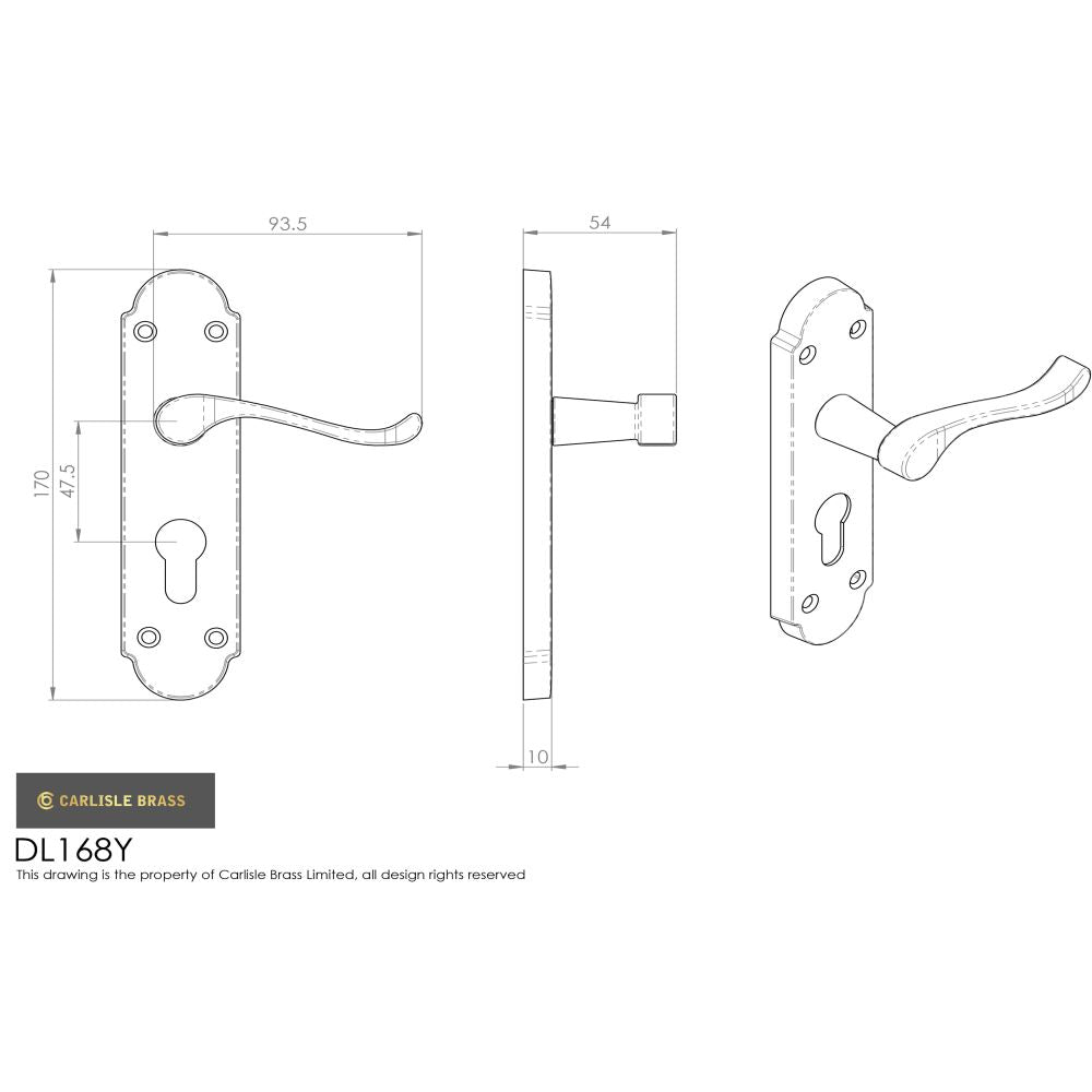 This image is a line drwaing of a Carlisle Brass - Oakley Lever on Euro Lock Backplate - Polished Chrome available to order from Trade Door Handles in Kendal