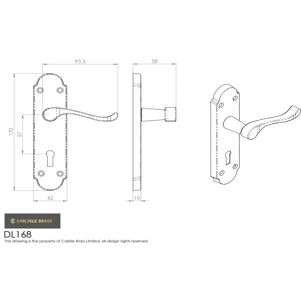 This image is a line drwaing of a Carlisle Brass - Oakley Lever on Lock Backplate - Stainless Brass available to order from Trade Door Handles in Kendal