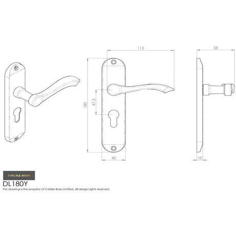 This image is a line drwaing of a Carlisle Brass - Andros Lever on Euro Lock Backplate - Satin Chrome available to order from Trade Door Handles in Kendal