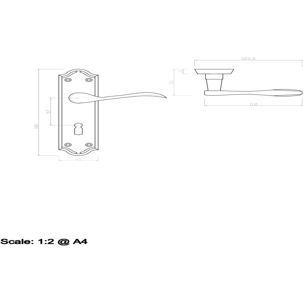 This image is a line drwaing of a Carlisle Brass - Madrid Lever on Lock Backplate - Polished Brass available to order from Trade Door Handles in Kendal