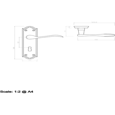 This image is a line drwaing of a Carlisle Brass - Madrid Lever on Lock Backplate - Polished Brass available to order from Trade Door Handles in Kendal