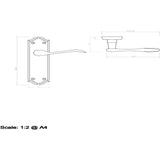 This image is a line drwaing of a Carlisle Brass - Madrid Lever on Latch Backplate - Satin Chrome available to order from Trade Door Handles in Kendal