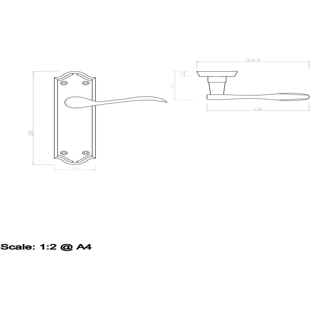 This image is a line drwaing of a Carlisle Brass - Madrid Lever on Latch Backplate - Polished Chrome available to order from Trade Door Handles in Kendal