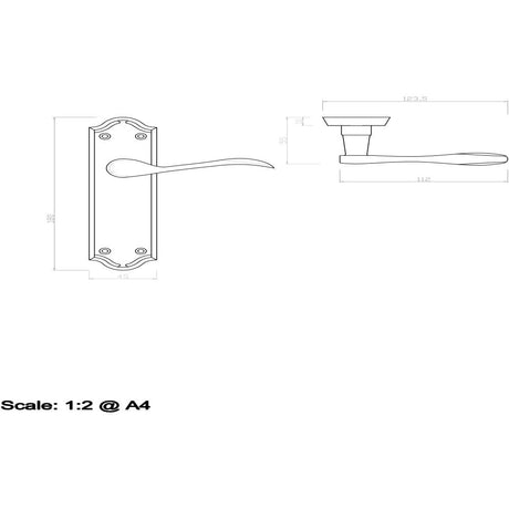 This image is a line drwaing of a Carlisle Brass - Madrid Lever on Latch Backplate - Polished Chrome available to order from Trade Door Handles in Kendal