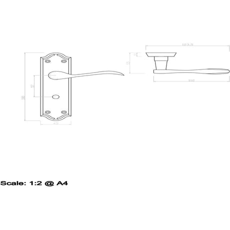 This image is a line drwaing of a Carlisle Brass - Madrid Lever on WC Backplate - Polished Chrome available to order from Trade Door Handles in Kendal