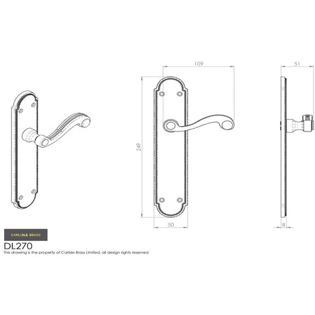 This image is a line drwaing of a Carlisle Brass - Chesham Lever on Long Latch Backplate - Polished Brass available to order from Trade Door Handles in Kendal