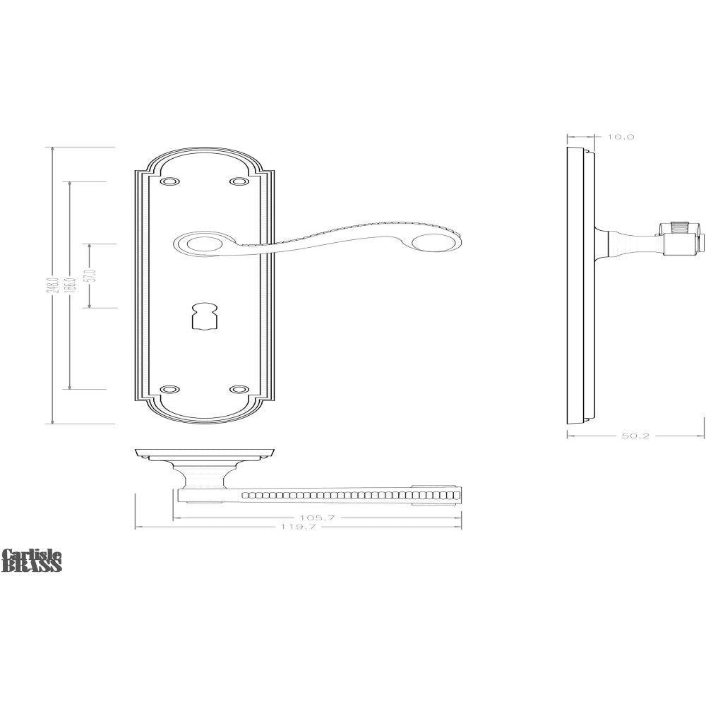 This image is a line drwaing of a Carlisle Brass - Chesham Lever on Long Lock Backplate - Polished Brass available to order from Trade Door Handles in Kendal