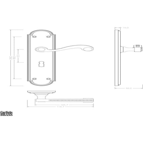 This image is a line drwaing of a Carlisle Brass - Chesham Lever on Long Lock Backplate - Polished Brass available to order from Trade Door Handles in Kendal