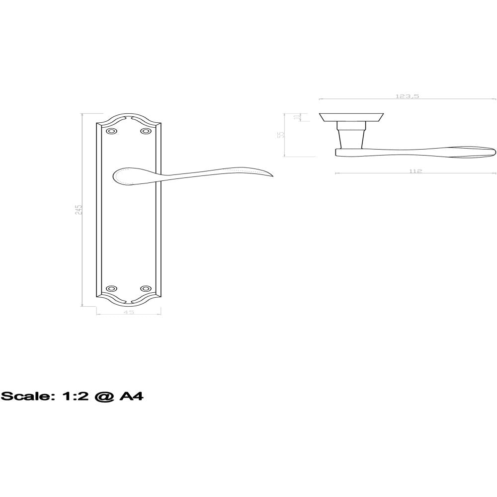 This image is a line drwaing of a Carlisle Brass - Madrid Lever on Long Latch Backplate - Polished Chrome available to order from Trade Door Handles in Kendal