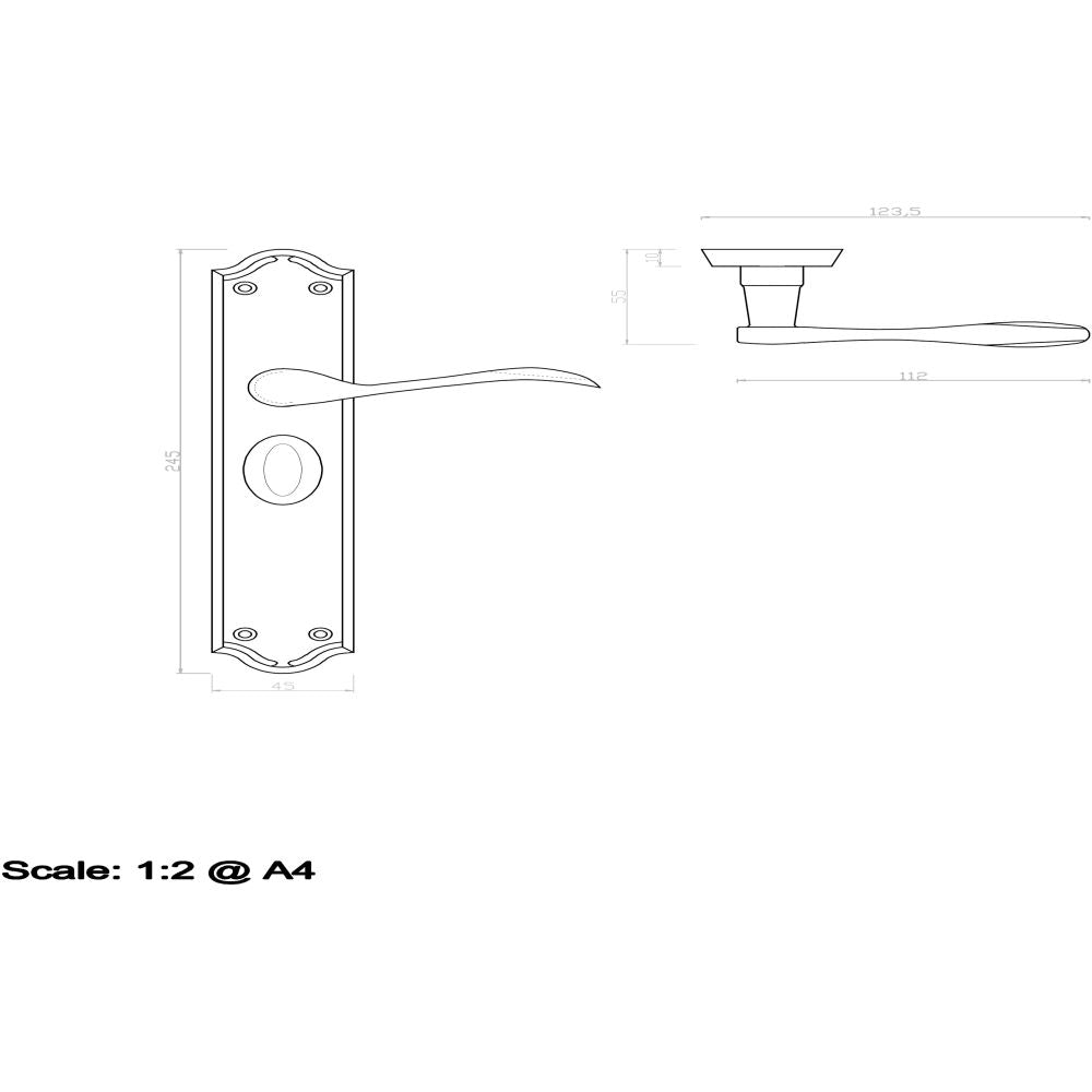 This image is a line drwaing of a Carlisle Brass - Madrid Lever on Long WC Backplate - Polished Chrome available to order from Trade Door Handles in Kendal