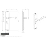 This image is a line drwaing of a Carlisle Brass - Andros Lever on Euro Lock Long Backplate - Satin Chrome available to order from Trade Door Handles in Kendal