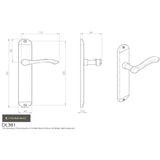 This image is a line drwaing of a Carlisle Brass - Andros Lever on Long Latch Backplate - Satin Chrome available to order from Trade Door Handles in Kendal