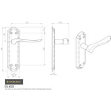 This image is a line drwaing of a Carlisle Brass - Lytham Lever on Lock backplate - Dual Finish-Satin/Polished Chr available to order from Trade Door Handles in Kendal