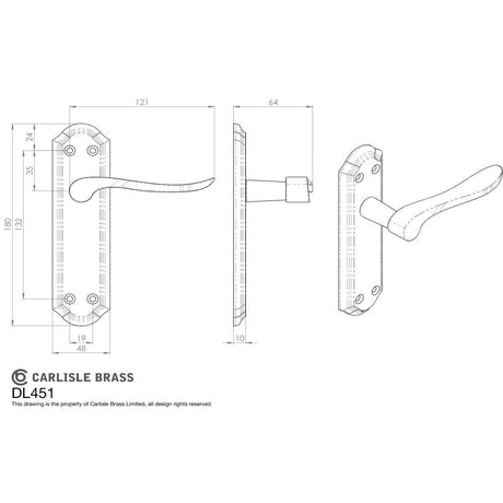 This image is a line drwaing of a Carlisle Brass - Lytham Lever on Latch backplate - Dual Finish-Satin/Polished Br available to order from Trade Door Handles in Kendal