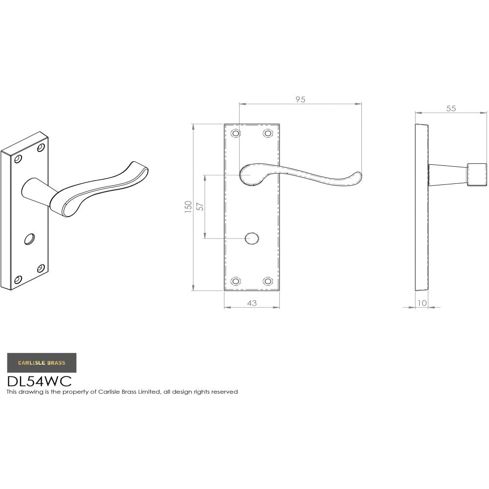 This image is a line drwaing of a Carlisle Brass - Victorian Scroll Lever on WC Backplate - Satin Chrome available to order from Trade Door Handles in Kendal