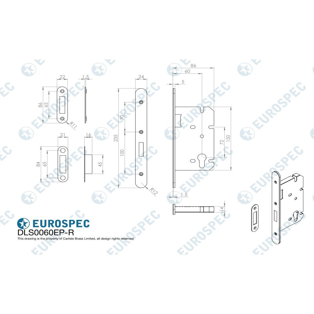 This image is a line drwaing of a Eurospec - Easi T Din Euro Profile Deadlock Radius - Satin Stainless Steel available to order from T.H Wiggans Architectural Ironmongery in Kendal