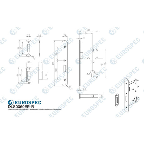 This image is a line drwaing of a Eurospec - Easi T Din Euro Profile Deadlock Radius - Satin Stainless Steel available to order from T.H Wiggans Architectural Ironmongery in Kendal