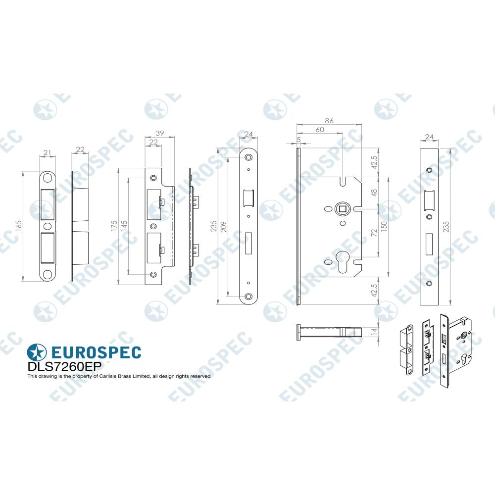 This image is a line drwaing of a Eurospec - Easi-T Din Euro Profile Sashlock Radius - Satin Stainless Steel available to order from T.H Wiggans Architectural Ironmongery in Kendal