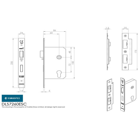 This image is a line drwaing of a Eurospec - Easi-T Din Euro Profile Escape Lock - Satin Stainless Steel available to order from T.H Wiggans Architectural Ironmongery in Kendal