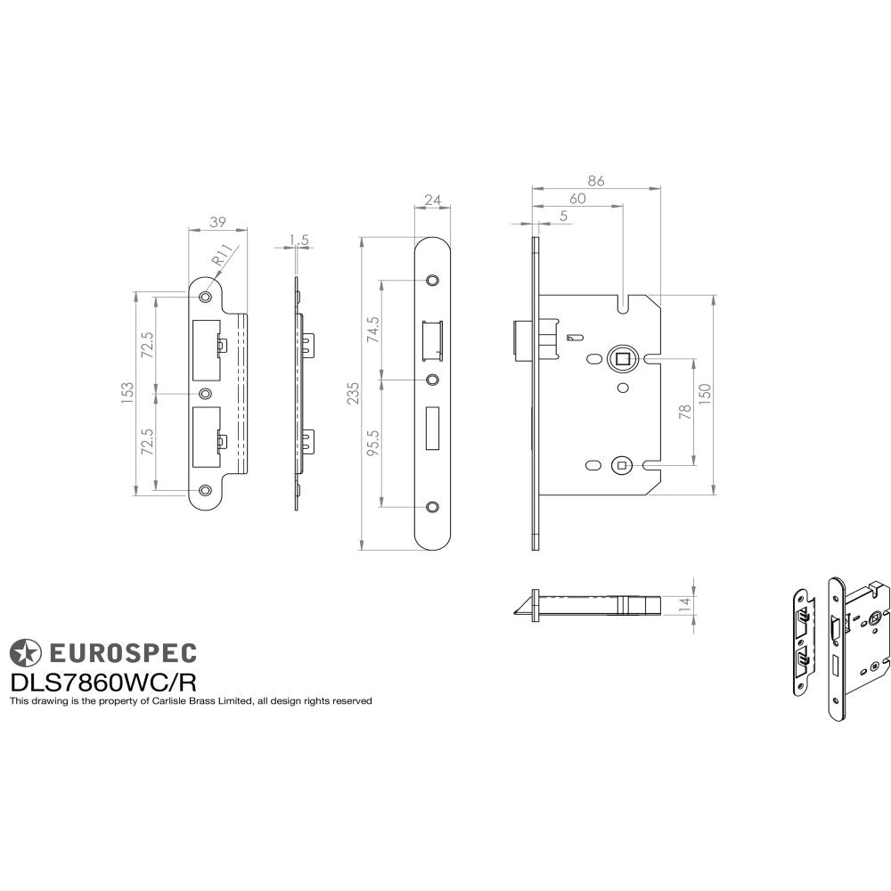 This image is a line drwaing of a Eurospec - Easi-T Din Bathroom Lock Radius - Satin Stainless Steel available to order from T.H Wiggans Architectural Ironmongery in Kendal