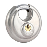 This is an image showing TIMCO Disc Padlock - A2 Stainless Steel - 70mm - 1 Each Blister Pack available from T.H Wiggans Ironmongery in Kendal, quick delivery at discounted prices.