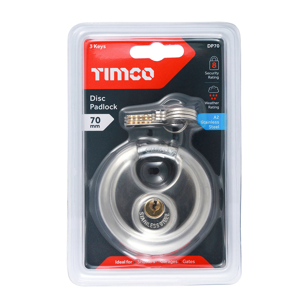 This is an image showing TIMCO Disc Padlock - A2 Stainless Steel - 70mm - 1 Each Blister Pack available from T.H Wiggans Ironmongery in Kendal, quick delivery at discounted prices.