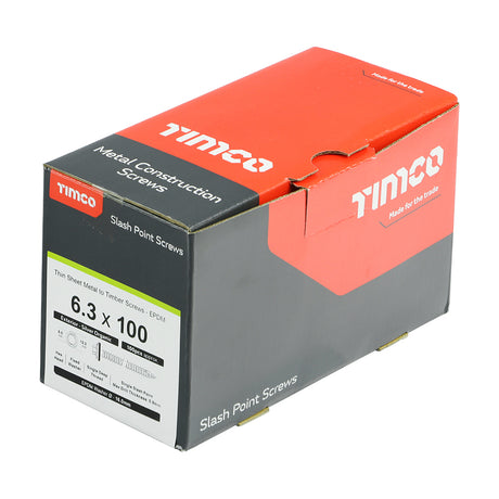 This is an image showing TIMCO Metal Construction Thin Sheet Metal to Timber Screws - Hex - EPDM Washer - Slash Point - Exterior - Silver Organic - 6.3 x 100 - 100 Pieces Box available from T.H Wiggans Ironmongery in Kendal, quick delivery at discounted prices.