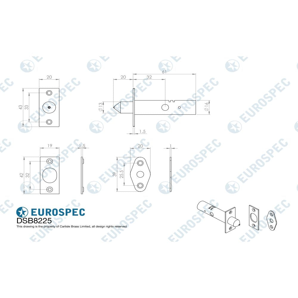 This image is a line drwaing of a Eurospec - Security Door Bolt - Electro Brassed available to order from T.H Wiggans Architectural Ironmongery in Kendal