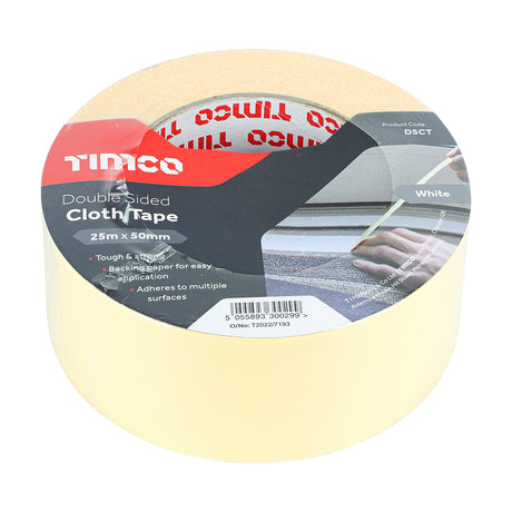 This is an image showing TIMCO Double Sided Cloth Tape - White - 25m x 50mm - 1 Each Roll available from T.H Wiggans Ironmongery in Kendal, quick delivery at discounted prices.