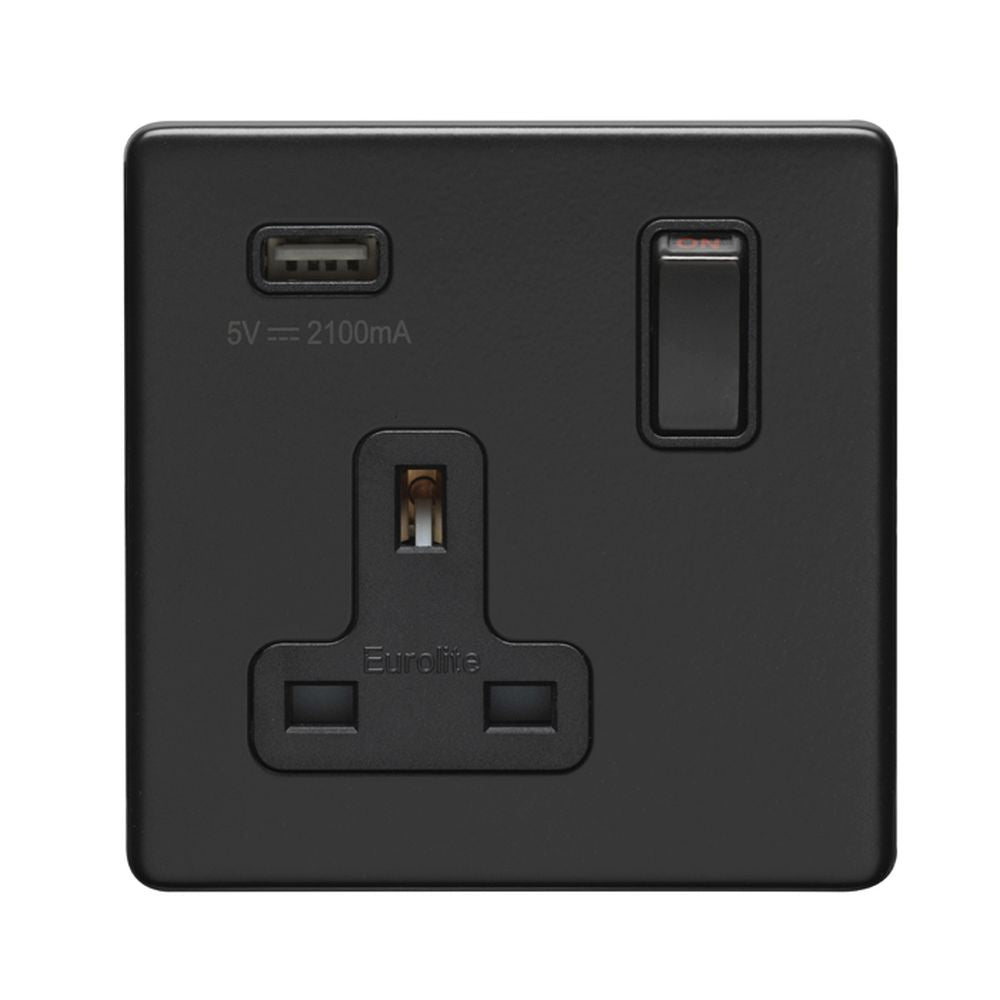 This is an image showing Eurolite Concealed 3mm 1 Gang USB Socket - Matt Black (With Black Trim) ecmb1usbb available to order from T.H. Wiggans Ironmongery in Kendal, quick delivery and discounted prices.