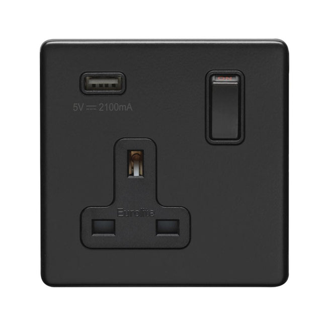 This is an image showing Eurolite Concealed 3mm 1 Gang USB Socket - Matt Black (With Black Trim) ecmb1usbb available to order from T.H. Wiggans Ironmongery in Kendal, quick delivery and discounted prices.