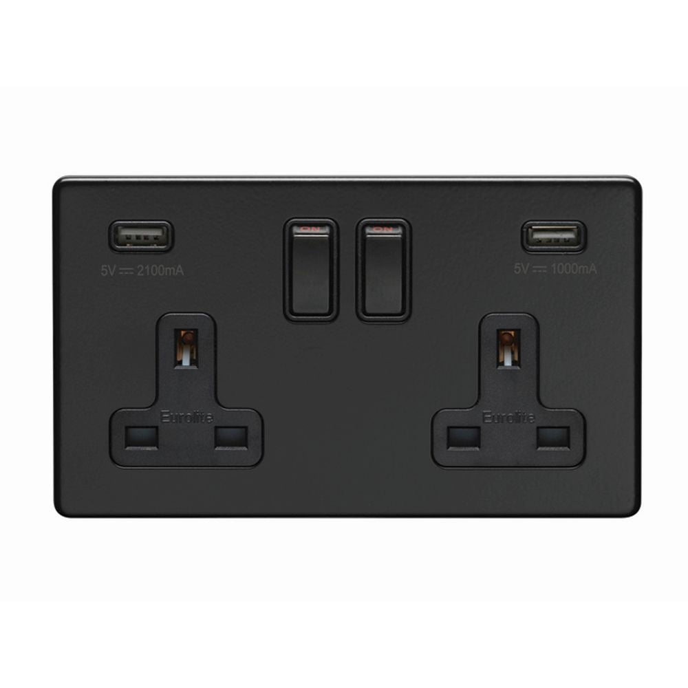 This is an image showing Eurolite Concealed 3mm 2 Gang USB Socket - Matt Black (With Black Trim) ecmb2usbb available to order from T.H. Wiggans Ironmongery in Kendal, quick delivery and discounted prices.