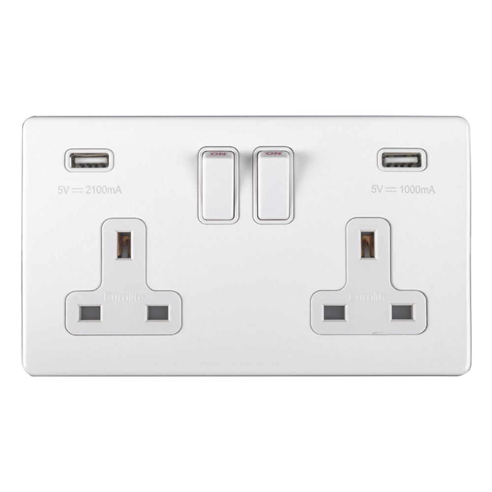 This is an image showing Eurolite Concealed 3mm 2 Gang USB Socket - White (With White Trim) ecw2usbw available to order from T.H. Wiggans Ironmongery in Kendal, quick delivery and discounted prices.