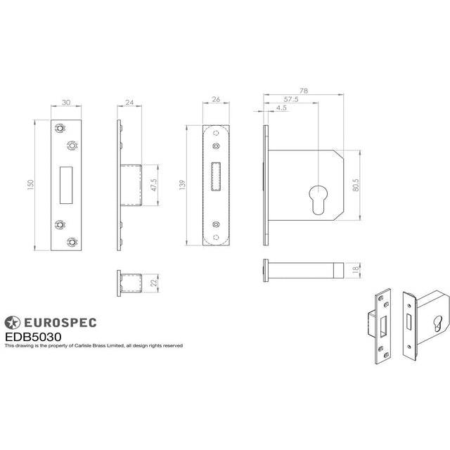 This image is a line drwaing of a Eurospec - Euro Profile BS Cylinder Deadlock 64mm - Satin Stainless Steel available to order from T.H Wiggans Architectural Ironmongery in Kendal