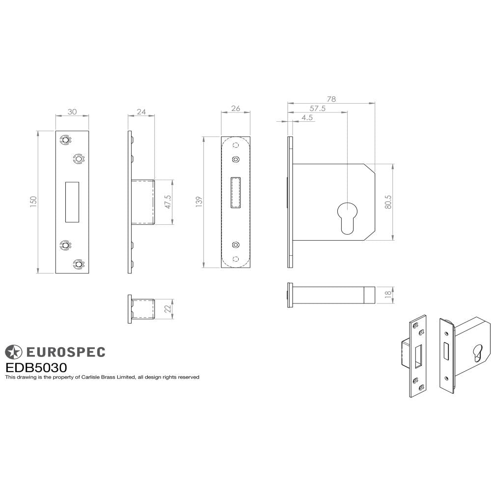 This image is a line drwaing of a Eurospec - Euro Profile BS Cylinder Deadlock 64mm - Satin Stainless Steel available to order from T.H Wiggans Architectural Ironmongery in Kendal