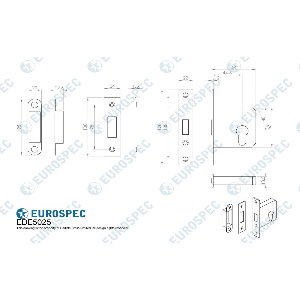 This image is a line drwaing of a Eurospec - Easi-T Economy Euro Profile Deadlock 64mm - Satin Nickel available to order from T.H Wiggans Architectural Ironmongery in Kendal