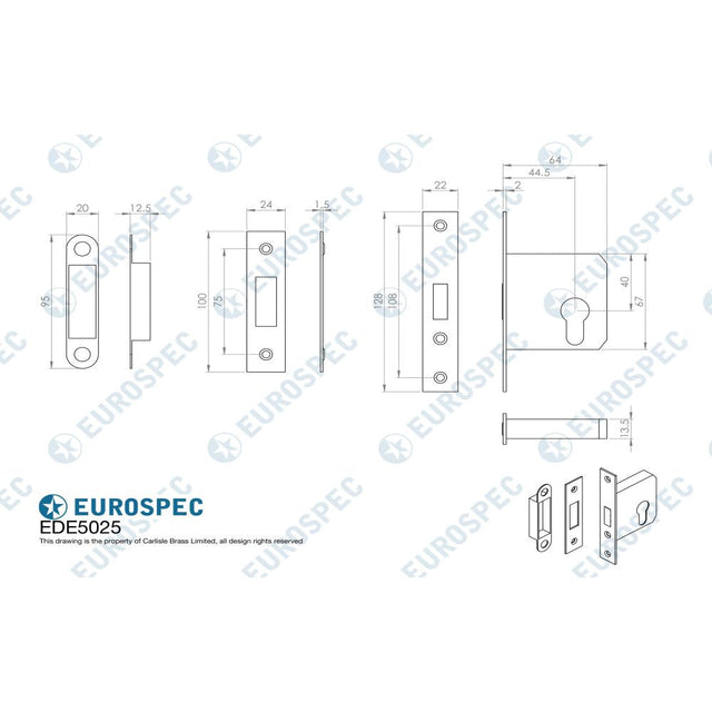 This image is a line drwaing of a Eurospec - Easi-T Economy Euro Profile Deadlock 64mm - Electro Brassed available to order from T.H Wiggans Architectural Ironmongery in Kendal