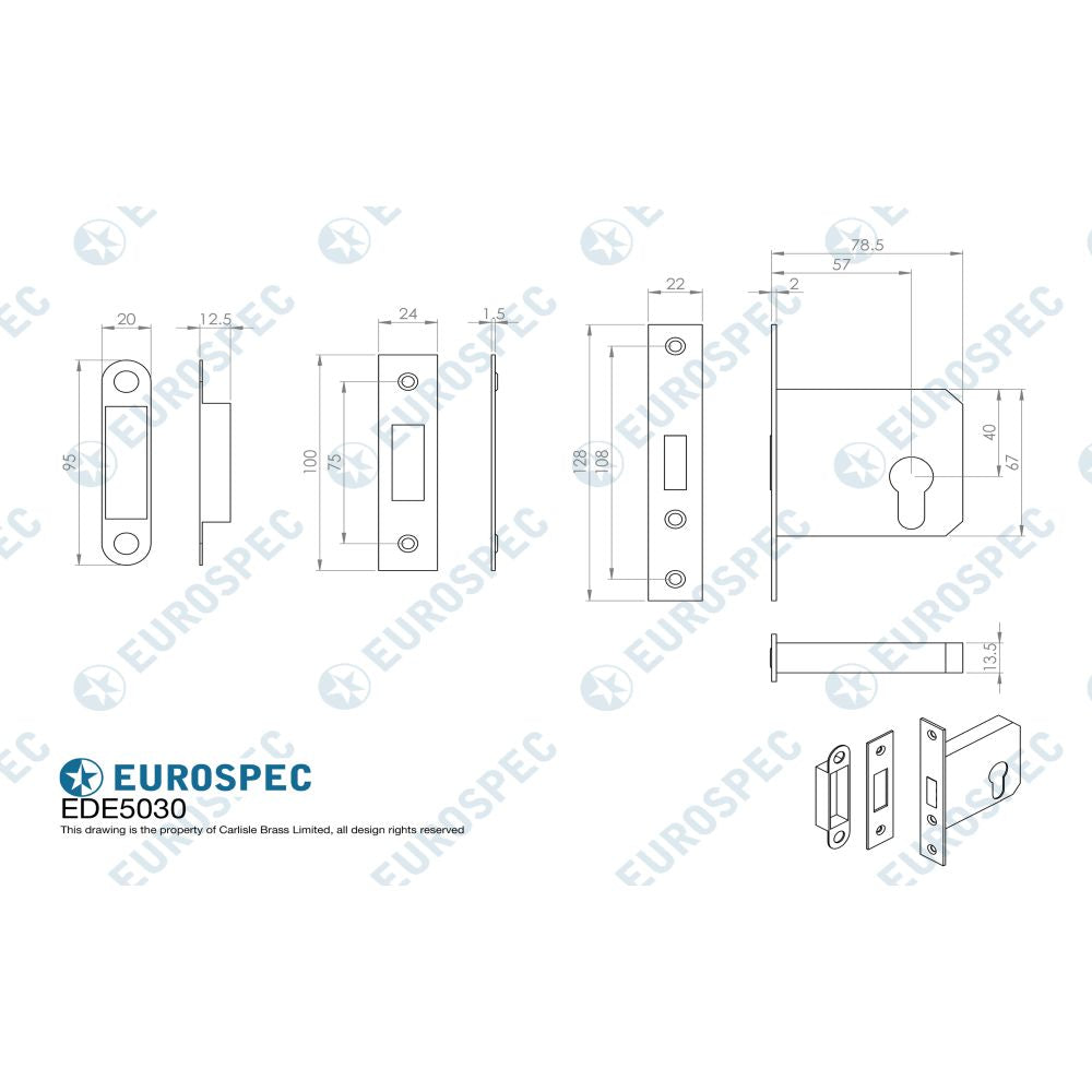 This image is a line drwaing of a Eurospec - Easi-T Economy Euro Profile Deadlock 76mm - Satin Nickel available to order from T.H Wiggans Architectural Ironmongery in Kendal