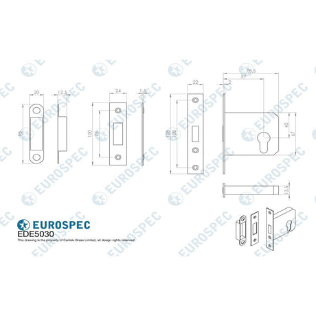 This image is a line drwaing of a Eurospec - Easi-T Economy Euro Profile Deadlock 76mm - Satin Nickel available to order from T.H Wiggans Architectural Ironmongery in Kendal