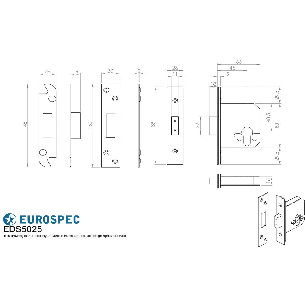 This image is a line drwaing of a Eurospec - Euro Profile Deadlock 64mm - Stainless Brass available to order from T.H Wiggans Architectural Ironmongery in Kendal