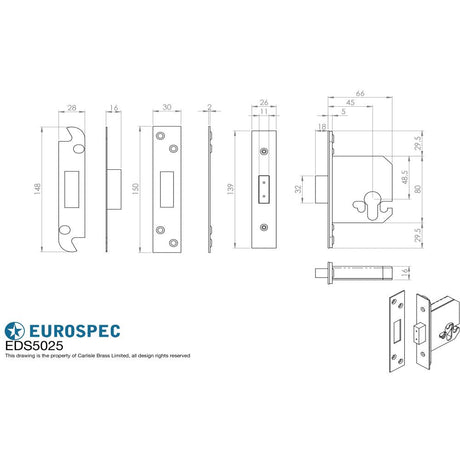 This image is a line drwaing of a Eurospec - Euro Profile Deadlock 64mm - Stainless Brass available to order from T.H Wiggans Architectural Ironmongery in Kendal