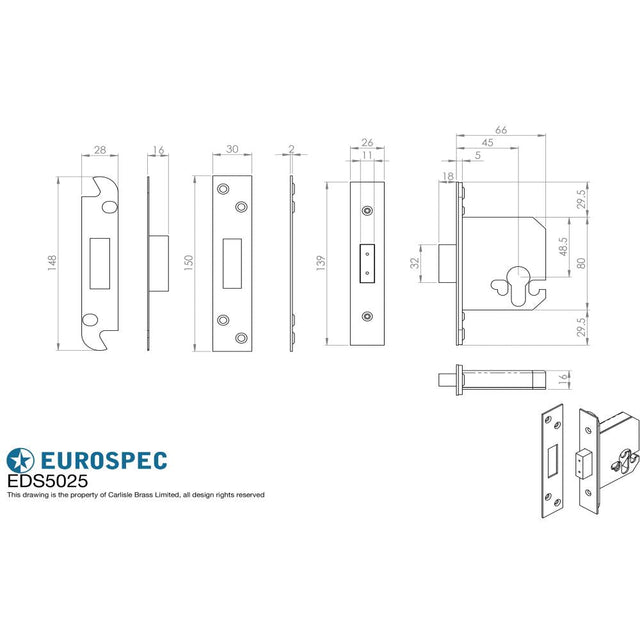 This image is a line drwaing of a Eurospec - Euro Profile Deadlock 64mm - Stainless Brass available to order from T.H Wiggans Architectural Ironmongery in Kendal