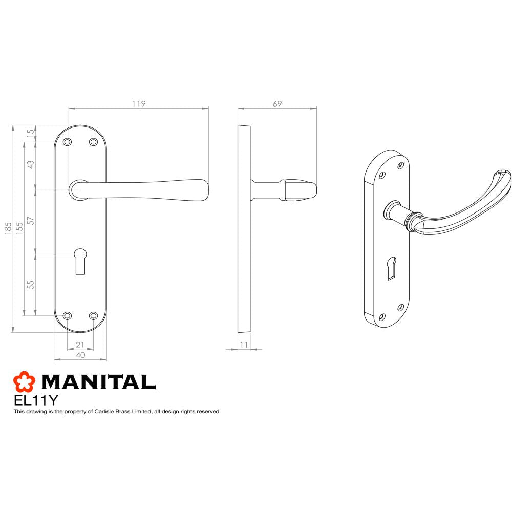 This image is a line drwaing of a Manital - Ibra Lever on Euro Lock Backplate - Polished Brass available to order from Trade Door Handles in Kendal